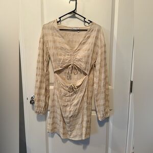 Beige Long-Sleeve Cutout Dress